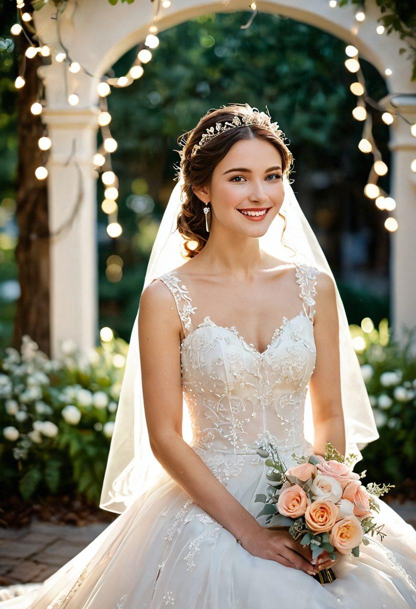 A joyful bride adorned in a beautiful gown, surrounded by delicate flowers and twinkling fairy lights, with hints of laughter and happiness reflected in her eyes. Include soft pastel colors for a serene atmosphere, and a whimsical background showcasing a dreamy outdoor setting. The scene should evoke a sense of celebration and love, capturing the essence of a delightful wedding journey. super-realistic. vibrant colors. soft focus.