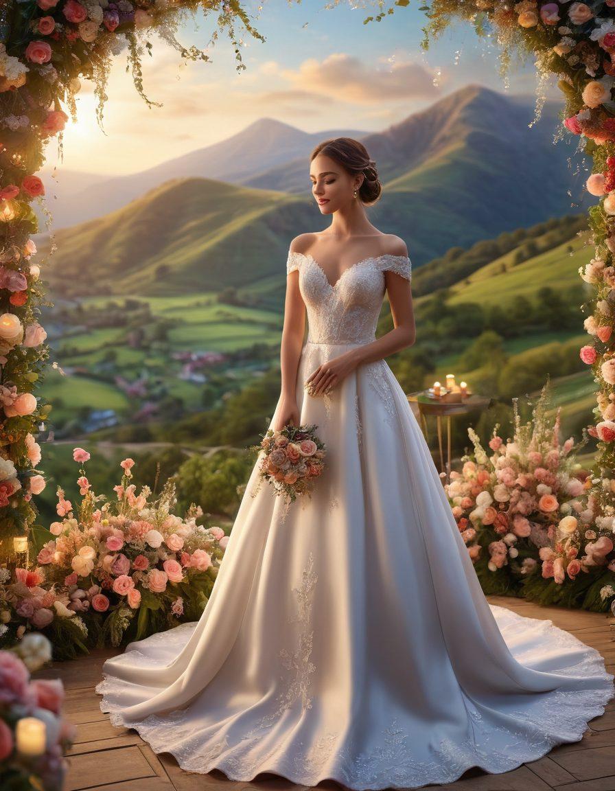 A beautifully decorated wedding ceremony scene, featuring an elegant bride in a stunning gown, surrounded by delicate floral arrangements and soft, twinkling fairy lights. Include joyful guests capturing memories with smartphones and a picturesque backdrop of hills. The atmosphere should exude love and celebration, with a hint of dreamy romance. vibrant colors. 3D.